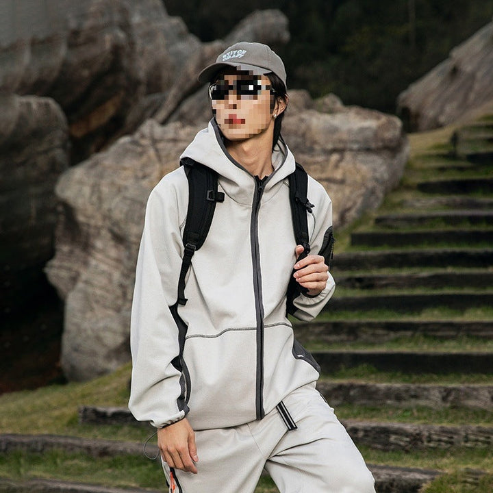 Herr Oversize Frilufts Fleece Jacka med Huva, Ärm Dragkedja Ficka &amp; Dragsko