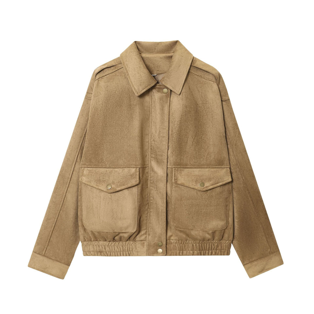 Dam 20+ Kort Suede Look Blouson Jacka med Lock Fickor och Elastic Waist
