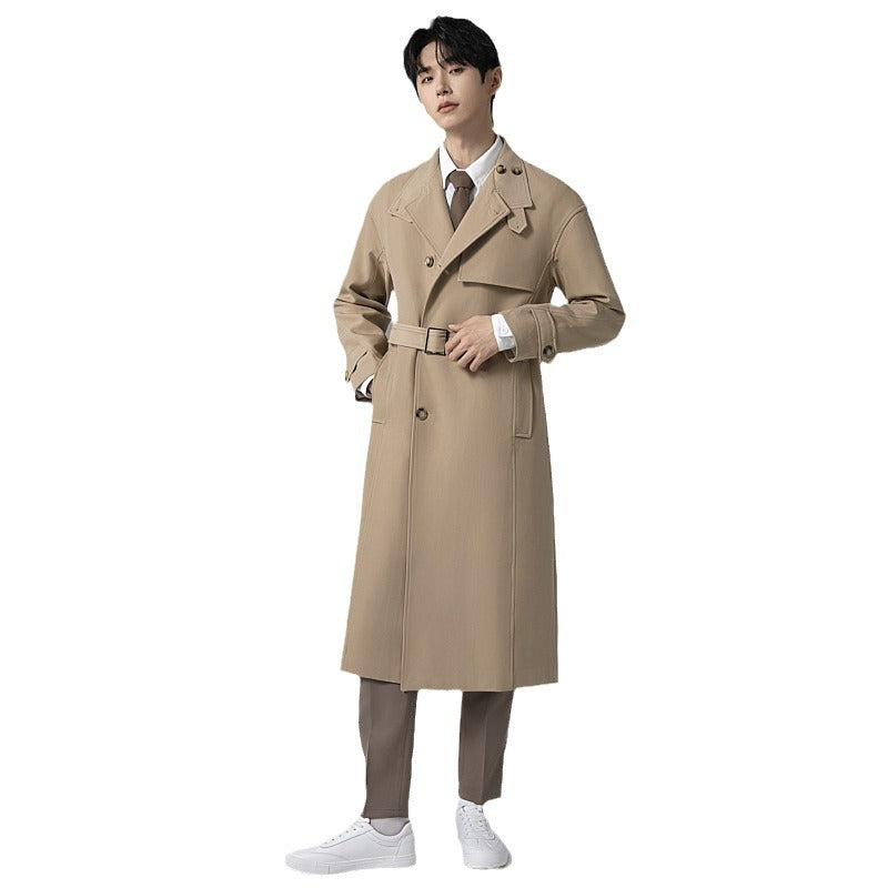 Herr Lång Modern Trench Kappa Tillverkad av Lätt Twill med Dold Knappslå och Midja Bälte