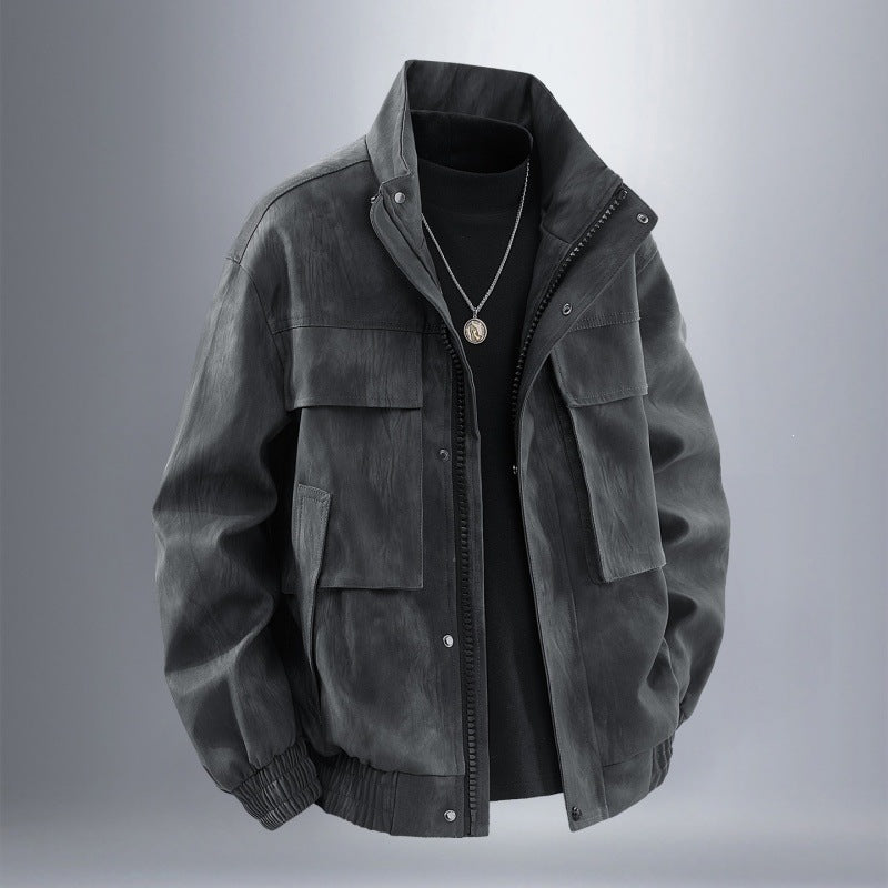 Herr Funktion Harrington Jacka i Läder Look med Flera Fickor och Elastisk Fåll
