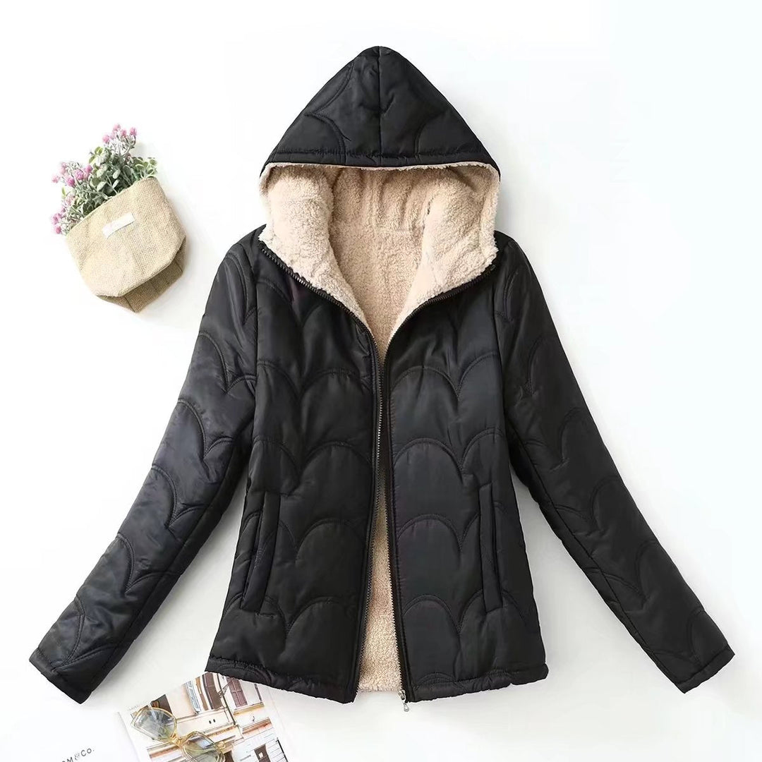 Dam quiltad Hooded jacka med mysig Teddy foder och sidofickor