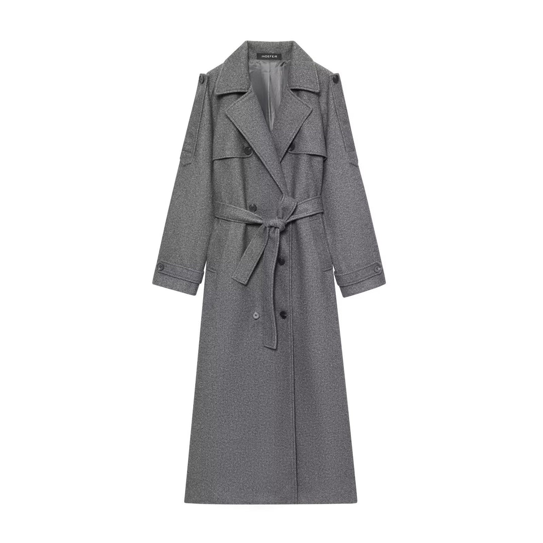 Dam lång ull trenchcoat med knytband