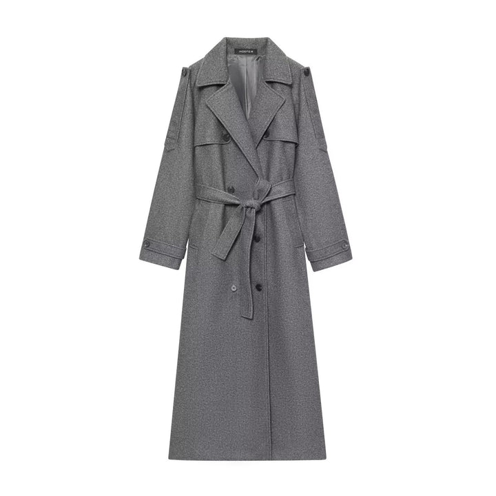 Dam lång ull trenchcoat med knytband