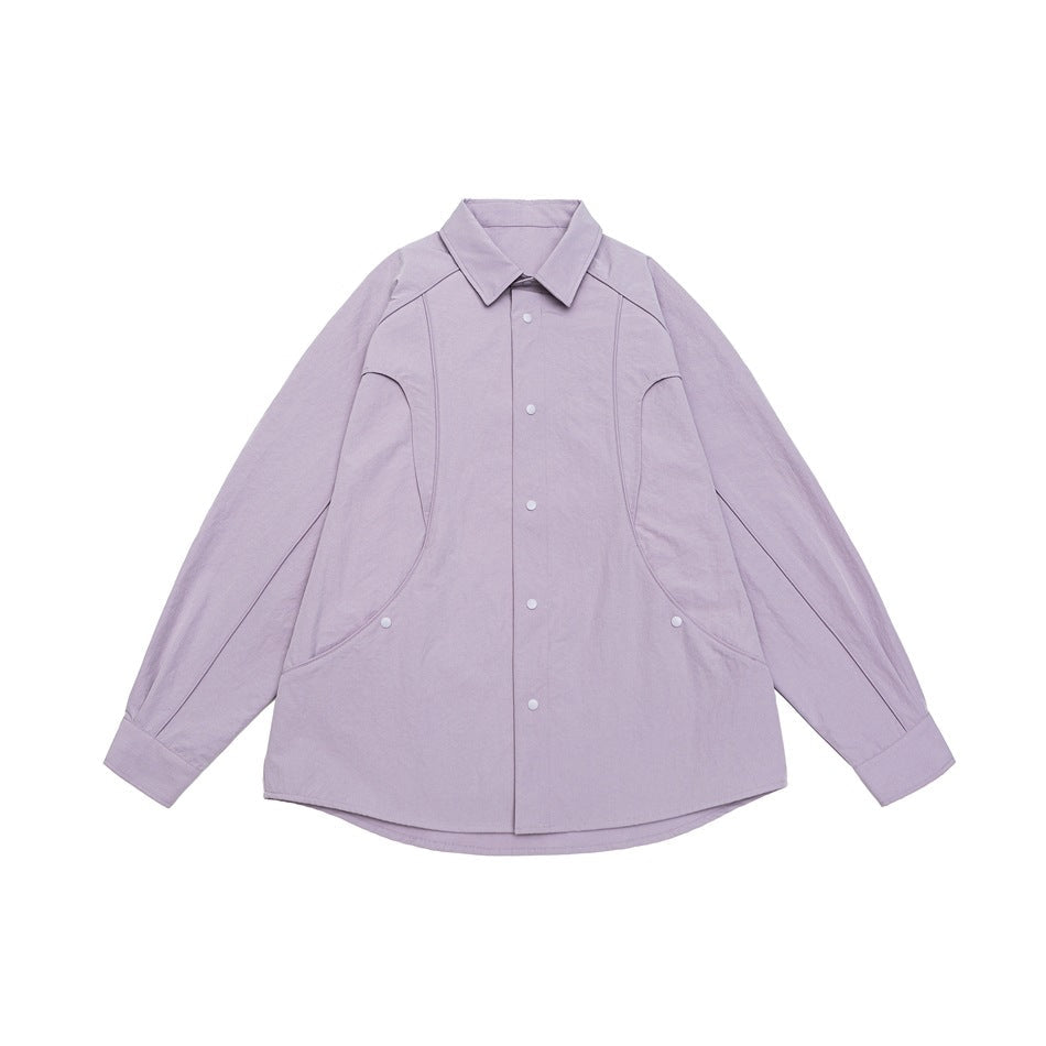 Dam Oversized Skjorta Jacka med Curved Seam och Tryckknappsslå