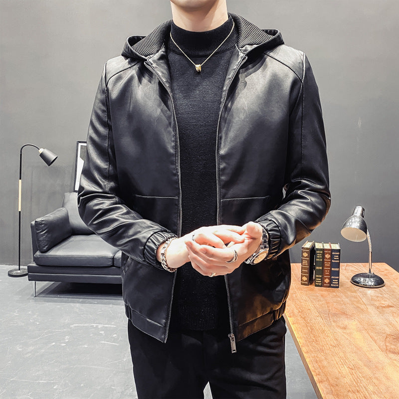 Herr Leatherette med Huva Blouson med Mesh Inre Huva, Smal Siluett och Hel Dragkedjaper