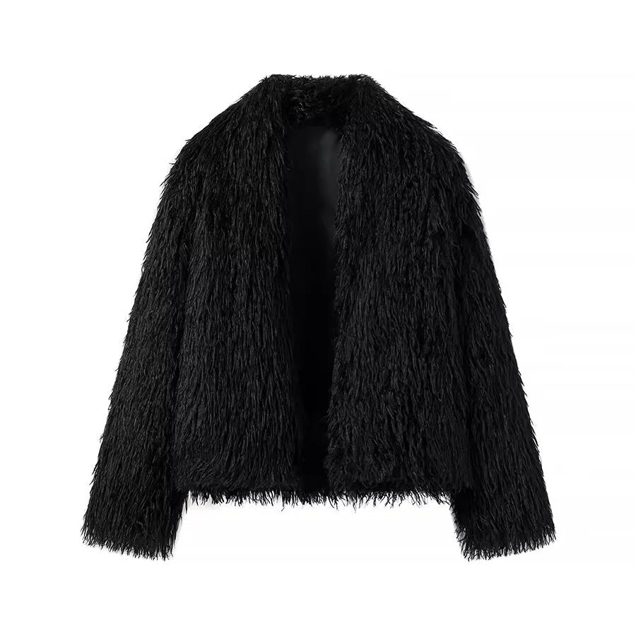 Dam kort faux pälsjacka med open skärning och voluminous lång hair look