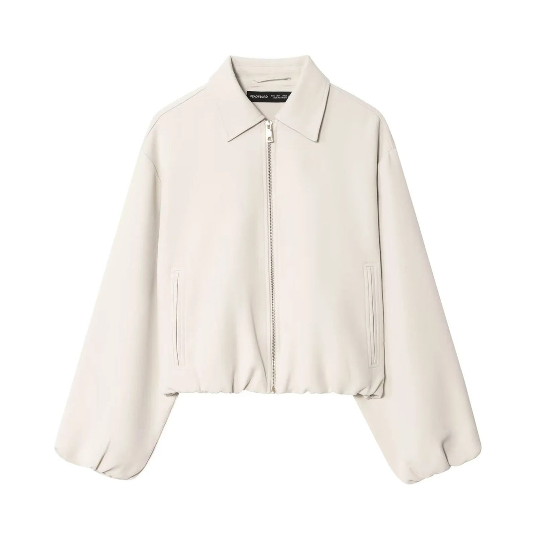 Dam cropped blousonjacka med skjortkrage, concealed metal dragkedja, och elastisk fåll