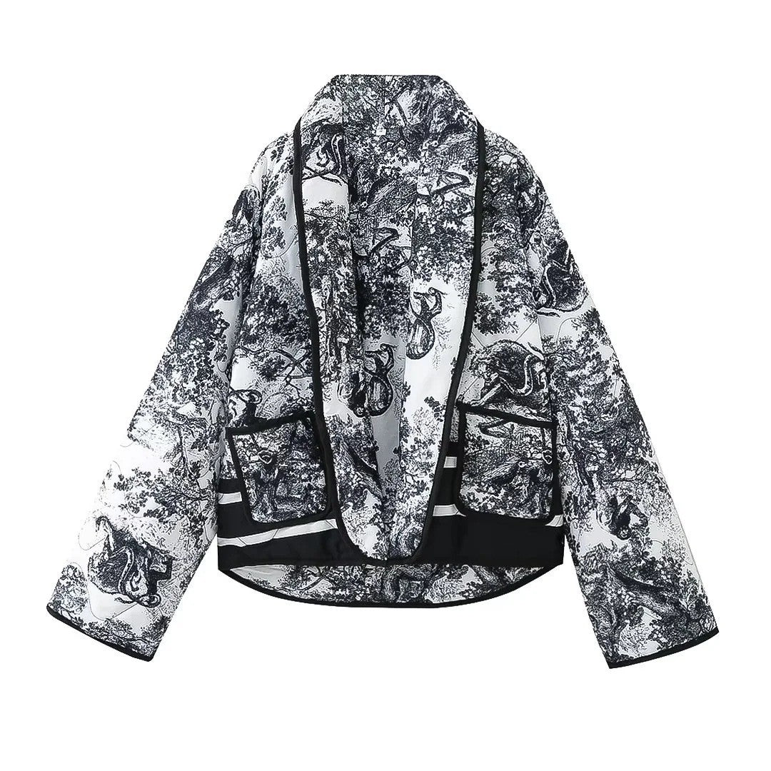 Dam Quiltad Jacka i Kimono Stil med Toile-De-Jouy Animal Tryck, Shawl Krage, och Contrasting Patch Fickor