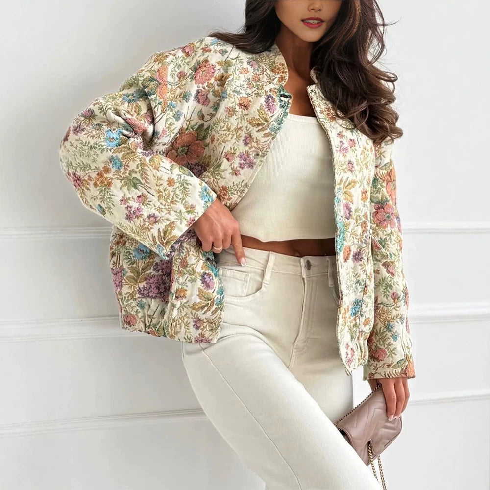 Dam Floral Jacquard quiltad jacka med Standing krage och elastisk fåll