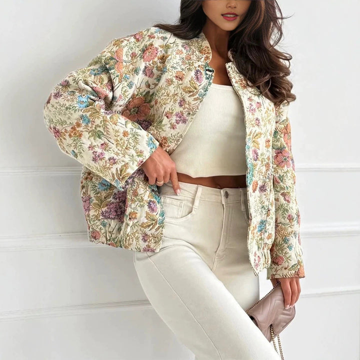 Dam Floral Jacquard quiltad jacka med Standing krage och elastisk fåll