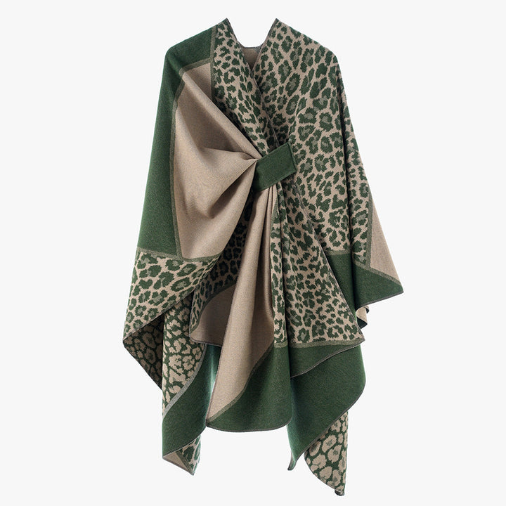 Dam jacquard poncho med leopard mönster och ullblandning wrap