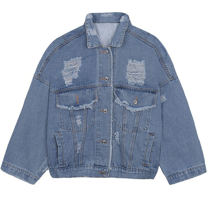 Dam Avslappnad Oversize Denimjacka med Destroyed Details