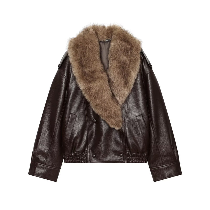 Dam kort skärning Biker läder jacka med Voluminous Faux Fur Shawl krage