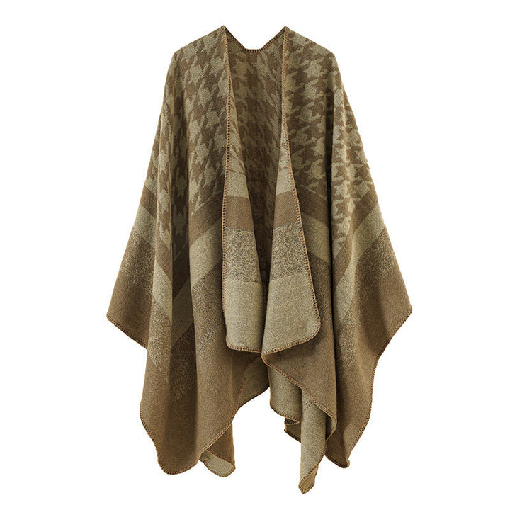 Dam Oversize Ruana poncho tillverkad av ullblandning med houndstooth och block jacquard mönster