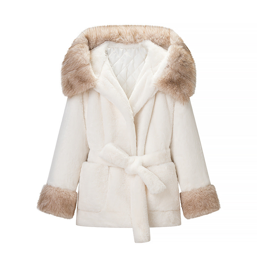 Dam kort teddy Faux Fur kappa med huva, kviltad foder och Ties