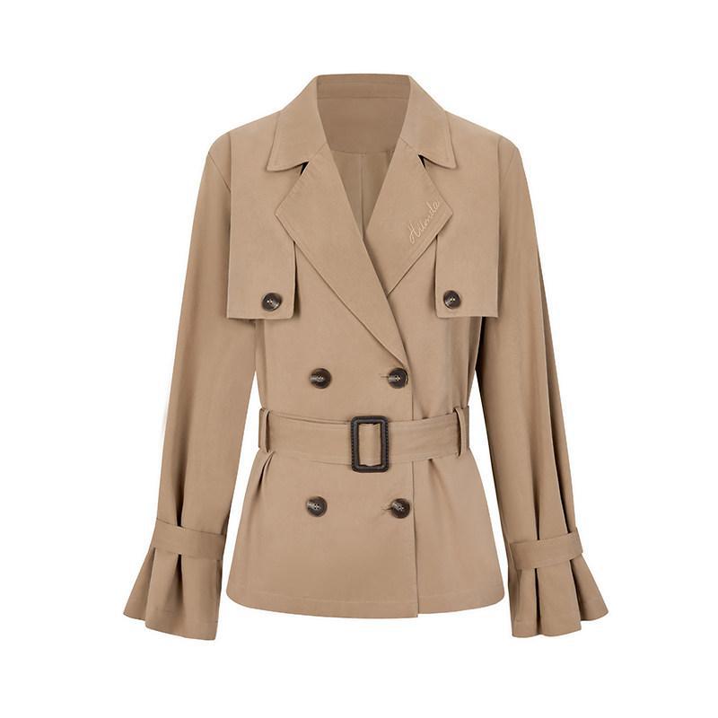 Dam kort trenchcoat med cinched bälte och double-layer shoulder yoke