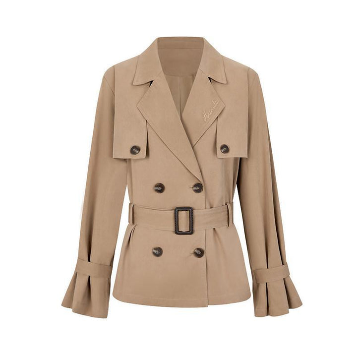 Dam kort trenchcoat med cinched bälte och double-layer shoulder yoke