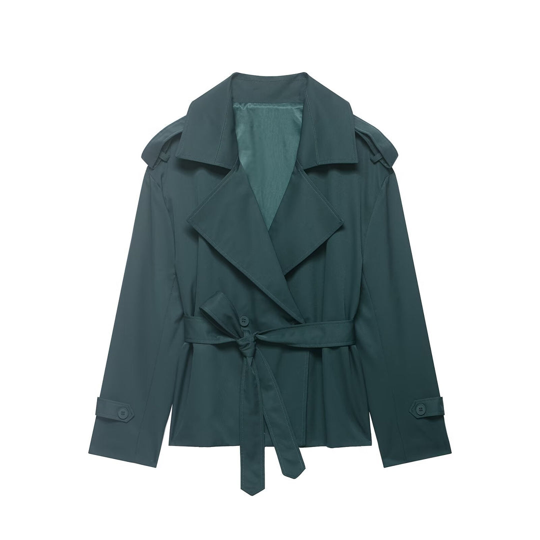 Dam Kort Trenchcoat med Waist Belt, Double-Breasted Front och Shoulder Flaps