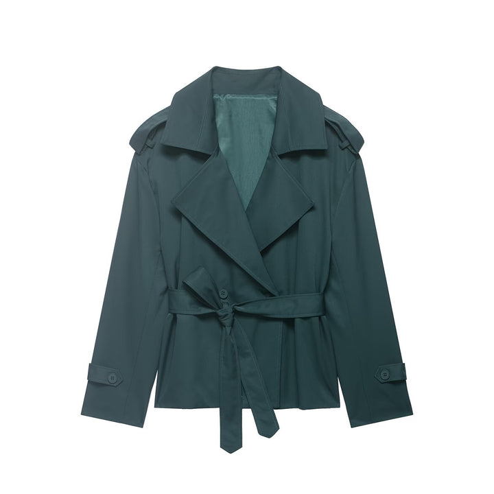 Dam Kort Trenchcoat med Waist Belt, Double-Breasted Front och Shoulder Flaps