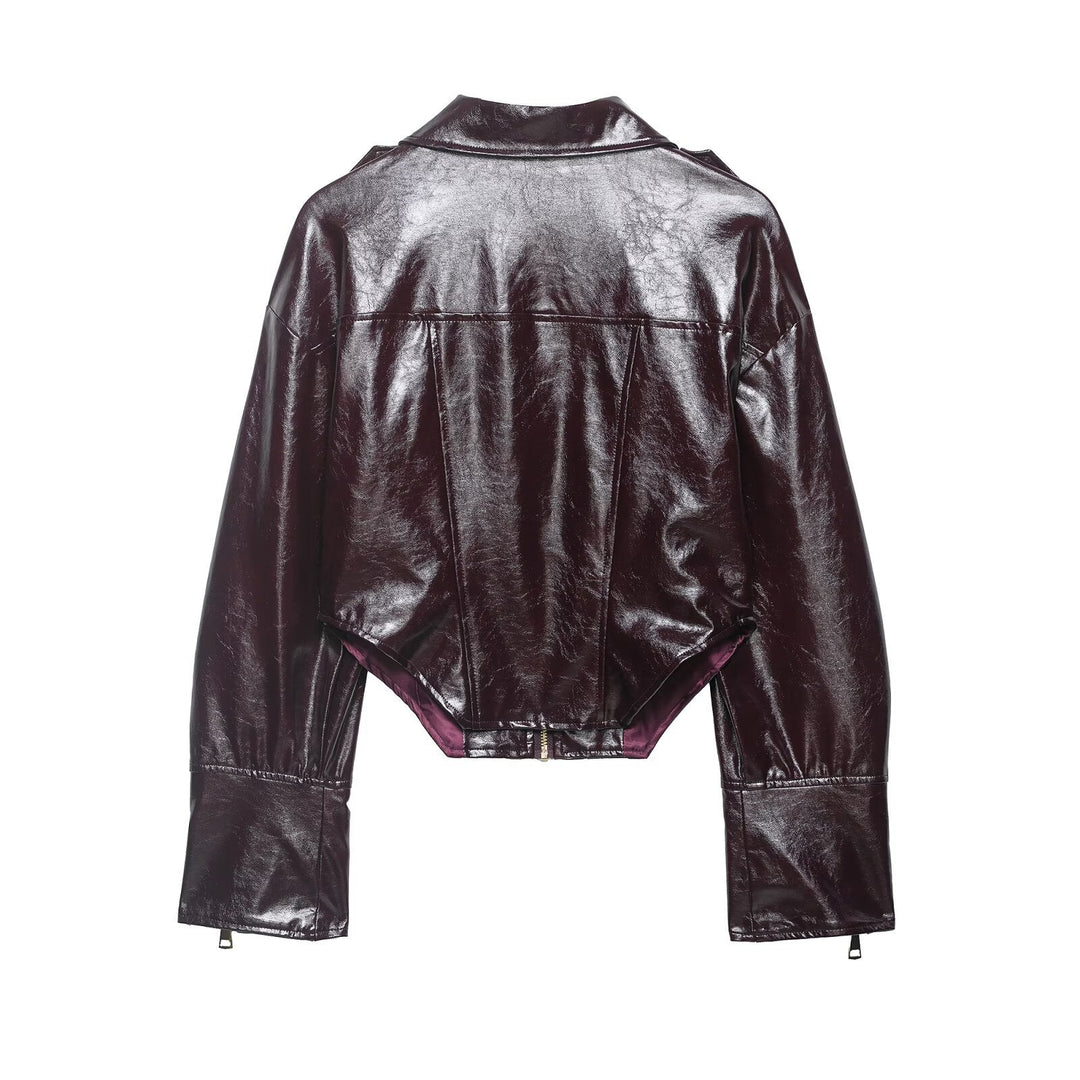Dam Kort Shiny Bikerjacka i Läderlook med Emphasized Shoulder Area