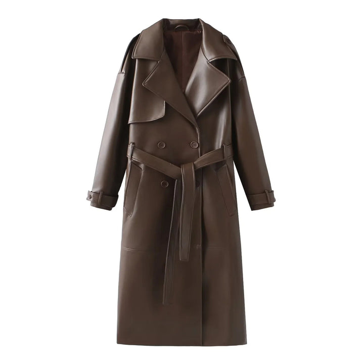 Dam figursydd vegan trenchcoat tillverkad av läder imitation med sjalkrage och tie bälte