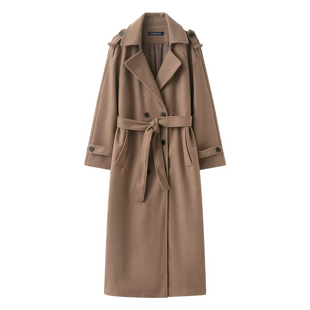 Dam Lång Dubbel-Breasted Trenchcoat med Bälte och Axel Straps