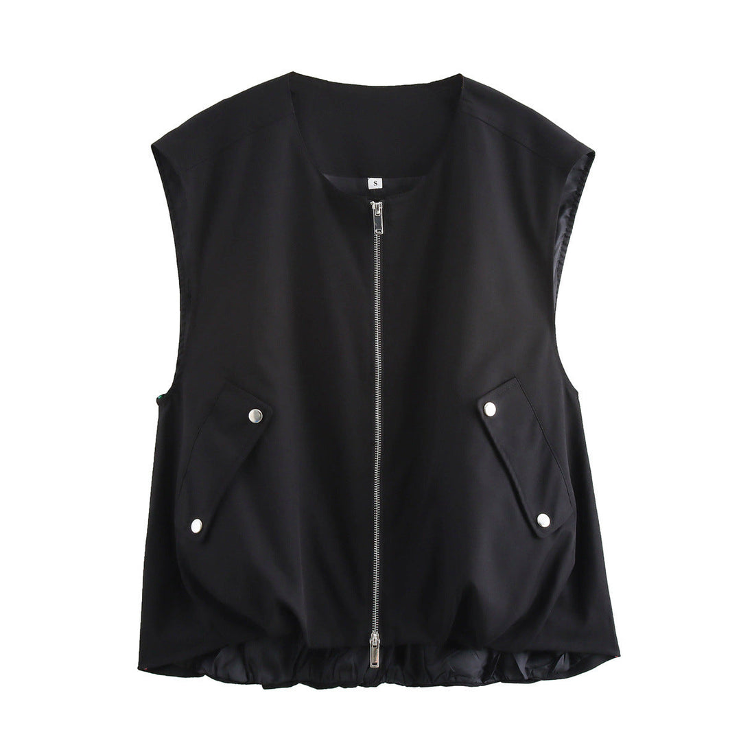 Dam figursydd sleeveless utilityväst med hel dragkedja, patch snap-button fickor, och elastisk fåll