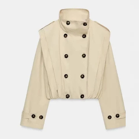 Dam Kort Double-Breasted Trench Blouson med Stå Krage, Epaulettes, och Elastic Nederkant