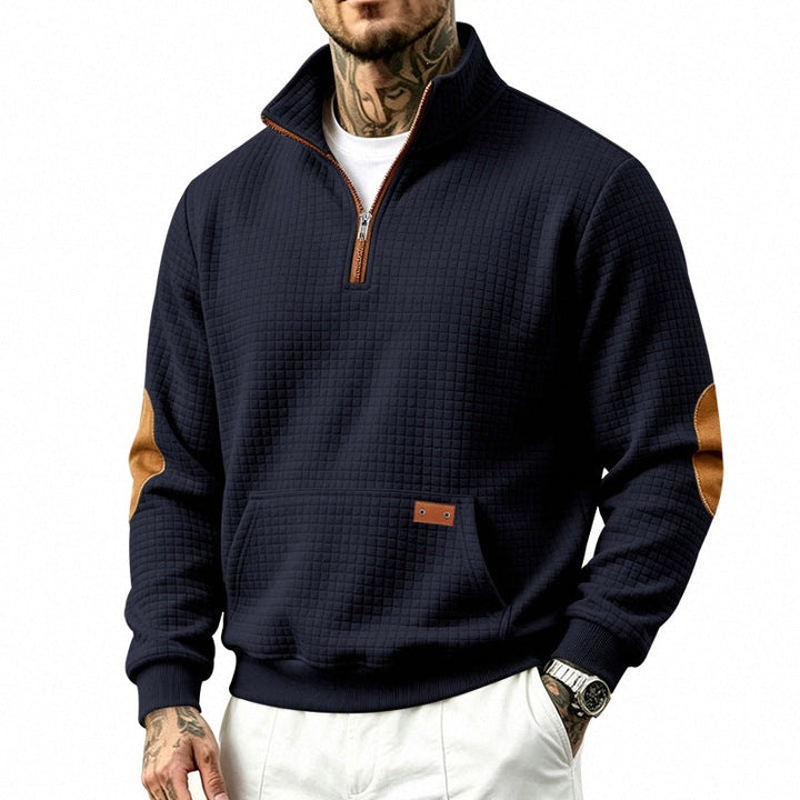 Herr Quiltad Structure Pullover med Halv Dragkedja, Elbow Lappar, och Känguruficka
