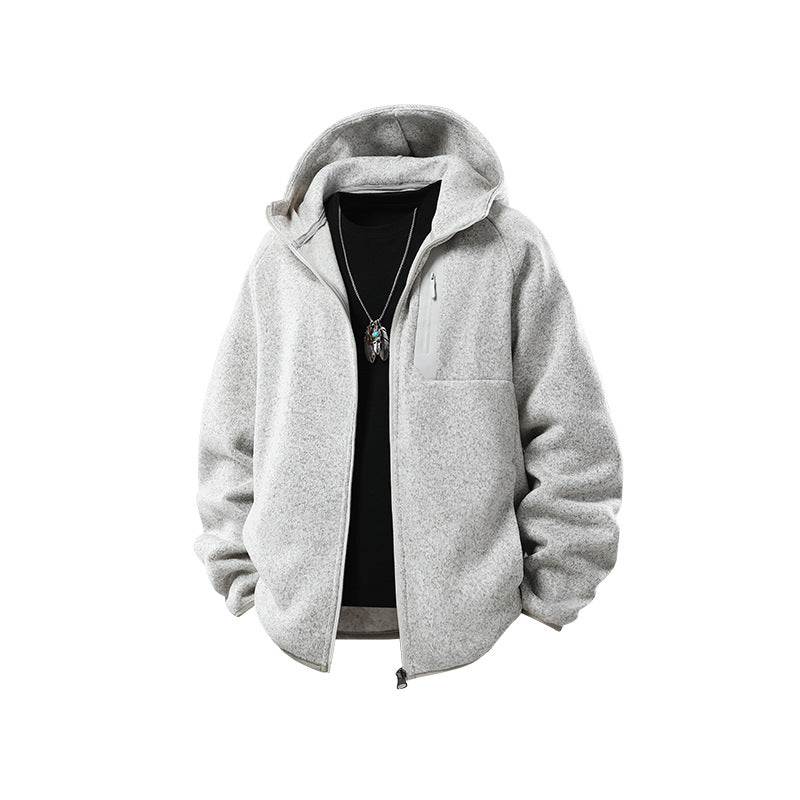Herr Oversized med Huva Fleece Jacka med Melange Structure, Hel-Length Dragkedja och Vertical Bröstficka