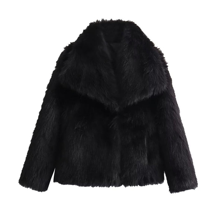 Dam kort Boxy Faux Fur jacka med vid Shawl krage och lång Fiber Faux Fur
