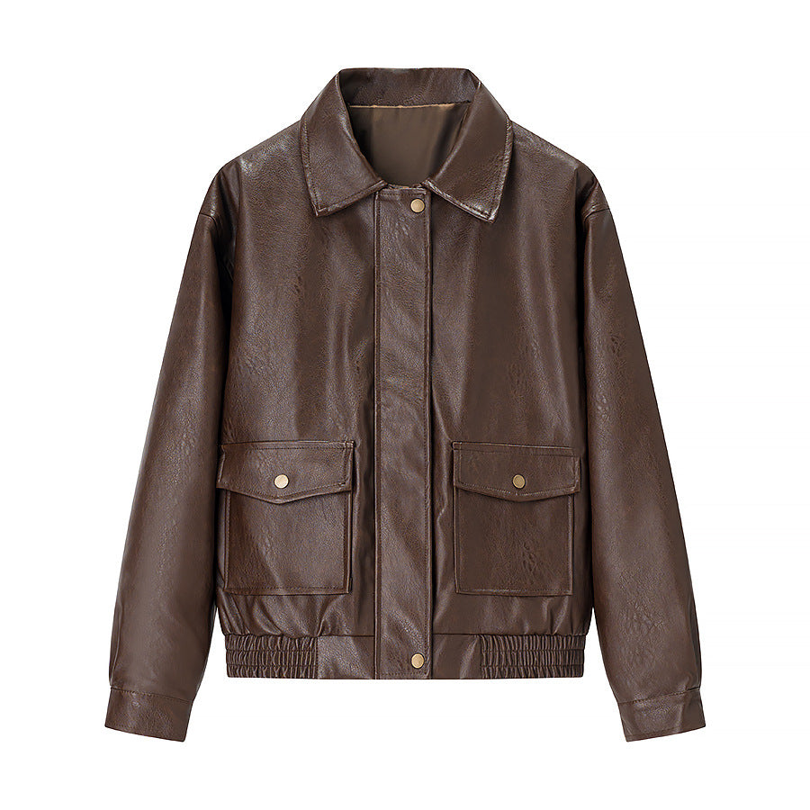 Dam oversize konstläder Blouson med skjortkrage, Flap fickor och dold dragkedja Placket