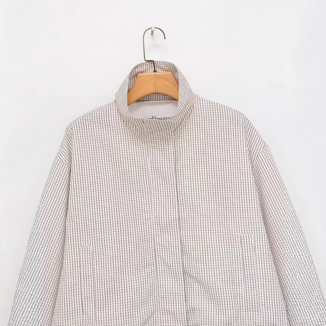 Dam Checked Kort Jacka med Stå Krage, Drawstring och Dold Dragkedja