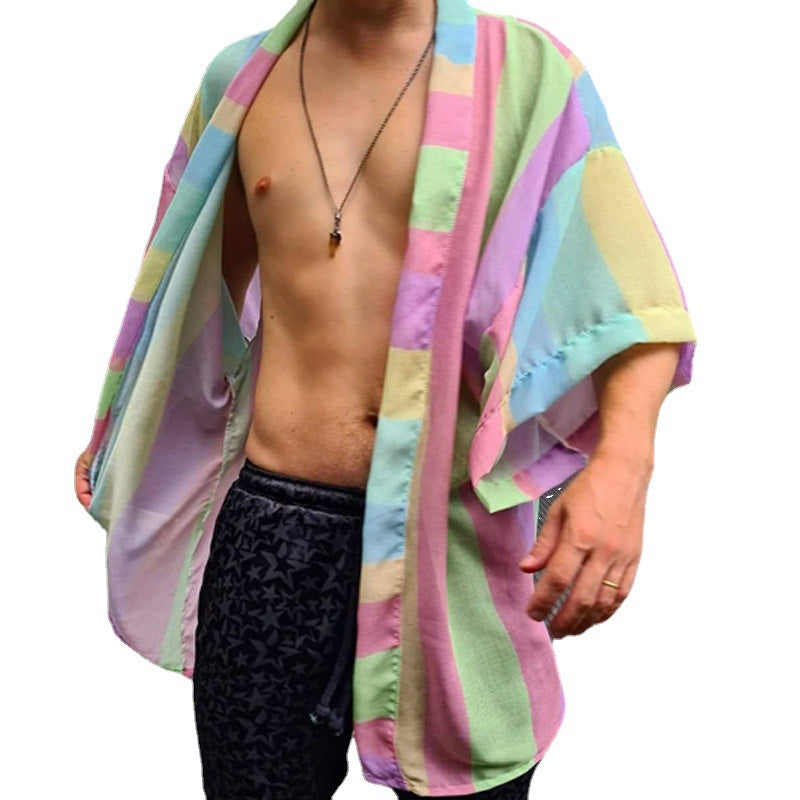 Dam lätt Oversize kimono kofta med Vertical Stripes och Open skärning