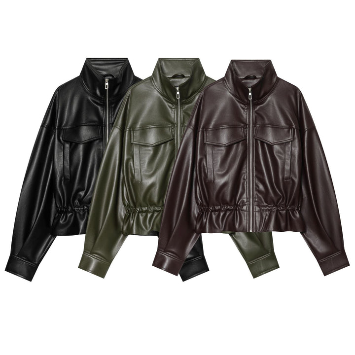 Dam Kort Jacka i Konstläder med Hög Stå Krage, Patch Chest Fickor och Drawstring Waist