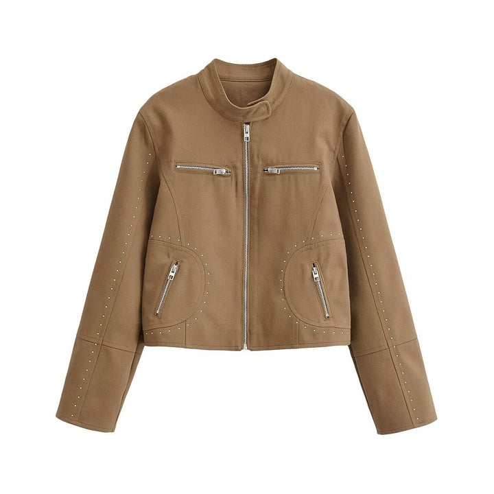 Dam Kort Blouson i Velour Look med Stå Krage, Dragkedja och Dekorativ Studs