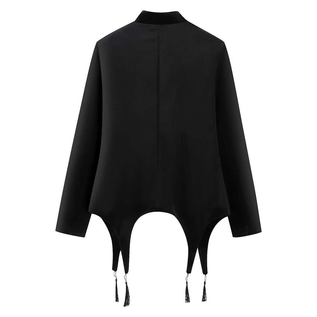 Dam Asymmetrisk Kort Jacka med Stå Krage, Drawstring Closures och Tassel Nederkant