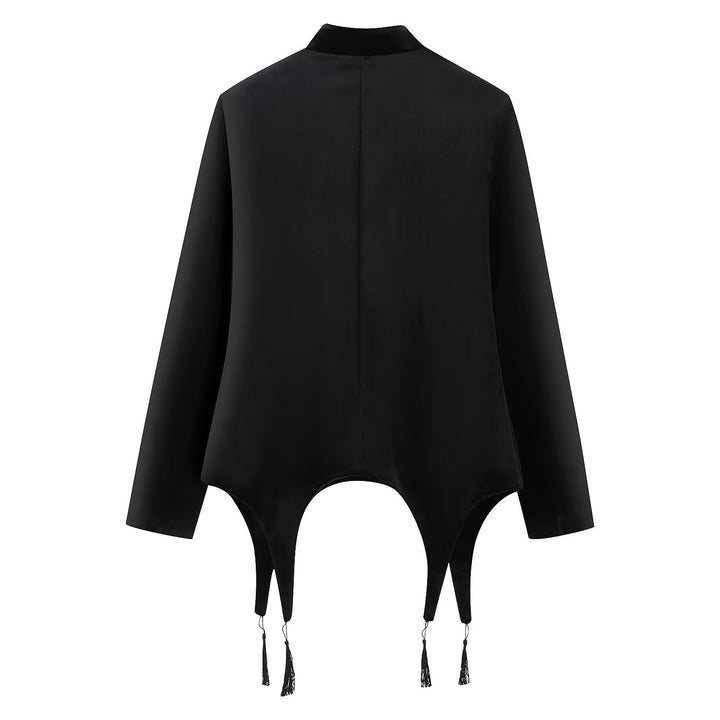 Dam Asymmetrisk Kort Jacka med Stå Krage, Drawstring Closures och Tassel Nederkant