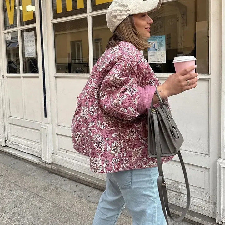 Dam 400+ Quiltad Blouson Jacka med Blommig All-Over Mönster och Dekorativ Piping