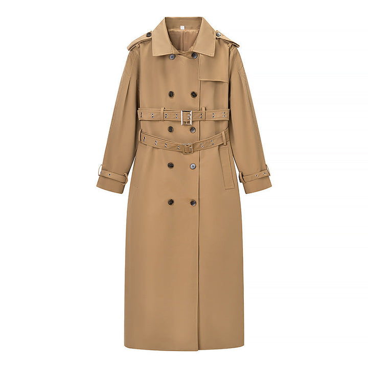 Dam Longer Skräddarsydd Trenchcoat med Dubbel Midjebälte och Epaulettes