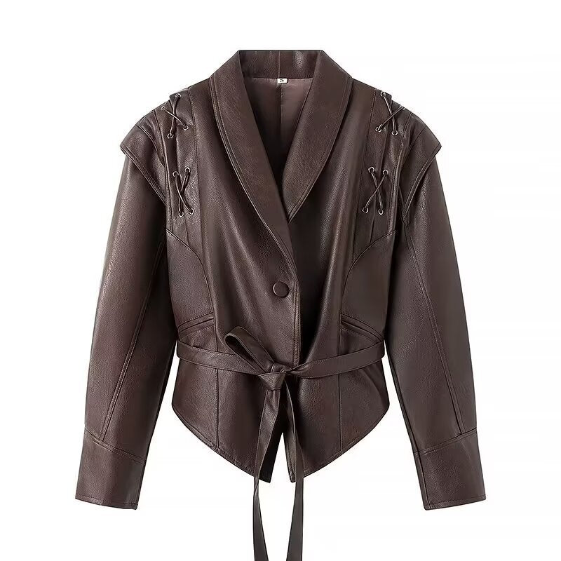 Dam kort blazer läder jacka med Shawl krage, midjebälte och Lacing Detail