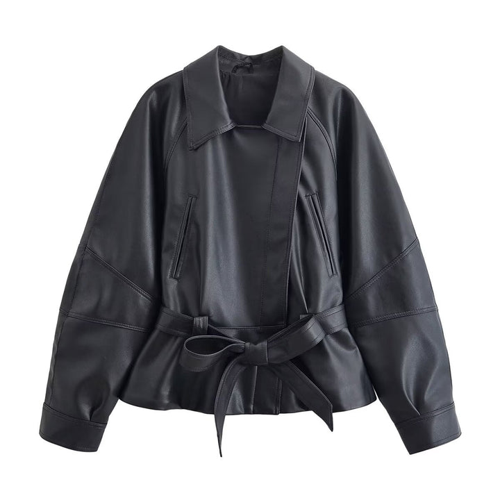 Dam Kort Läderlook Blouson med Wrap Belt, Oversize Ärmar och Distinctive Dekorativ Seams