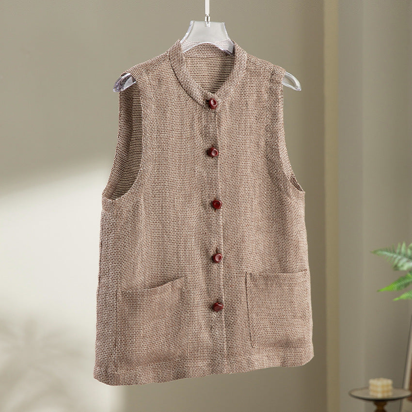 Dam ärmlös Textured Knit väst med Round Neckline, knappslå och utanpåfickor