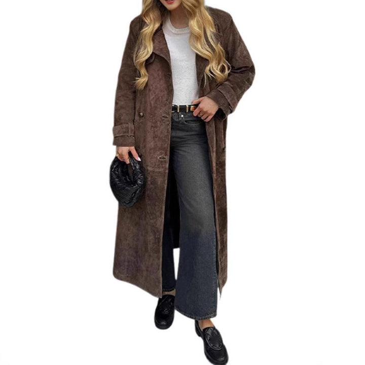 Dam lång Double-Breasted trenchcoat in mocka-Like med midjebälte
