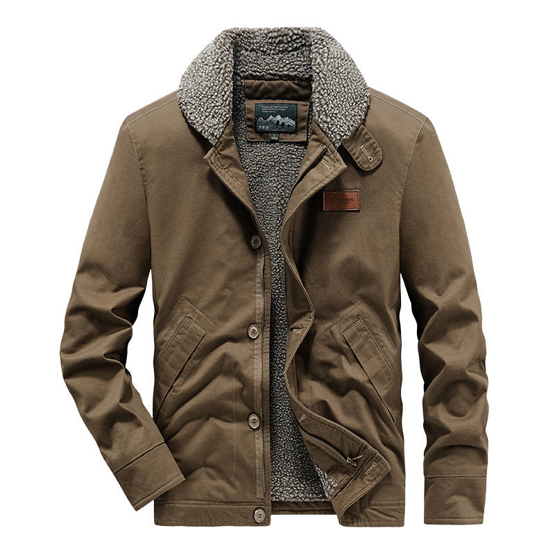 Herr Rugged Canvas Worker Jacka med Voluminous Sherpa Inre Foder och Hög Krage