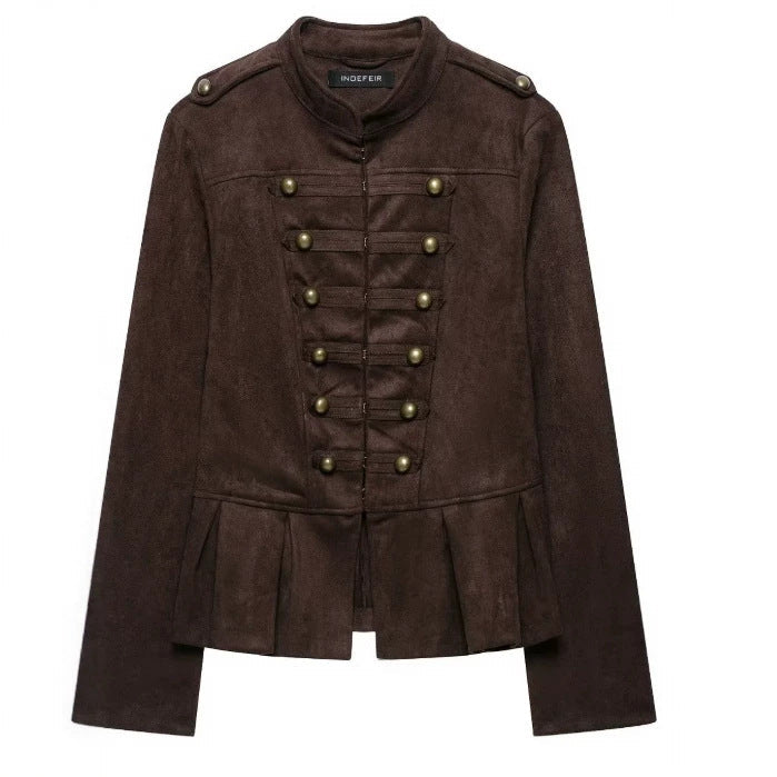 Dam Military Jacka Tillverkad av Suede Imitation med Stå Krage och Flounce