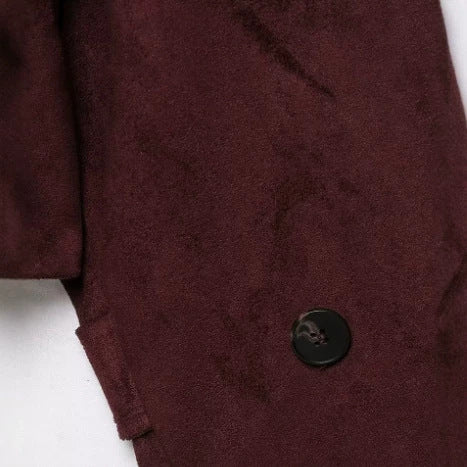 Dam Kort Jacka Tillverkad av Suede Imitation med Hög Stå Krage och Tie Belt