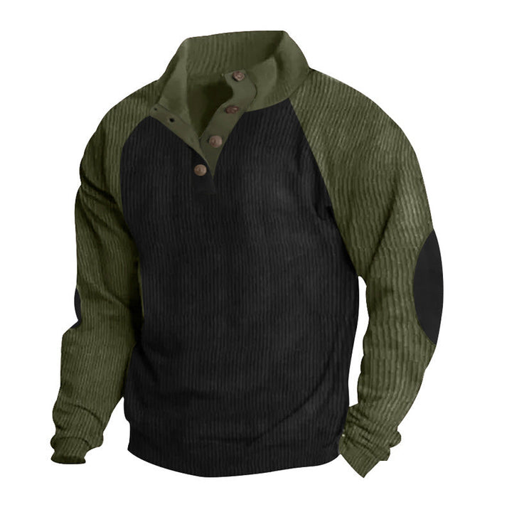 Herr Termisk Cord Pullover med Knapplist, Ståkrage, Raglanärmar, och Elbow Lappar