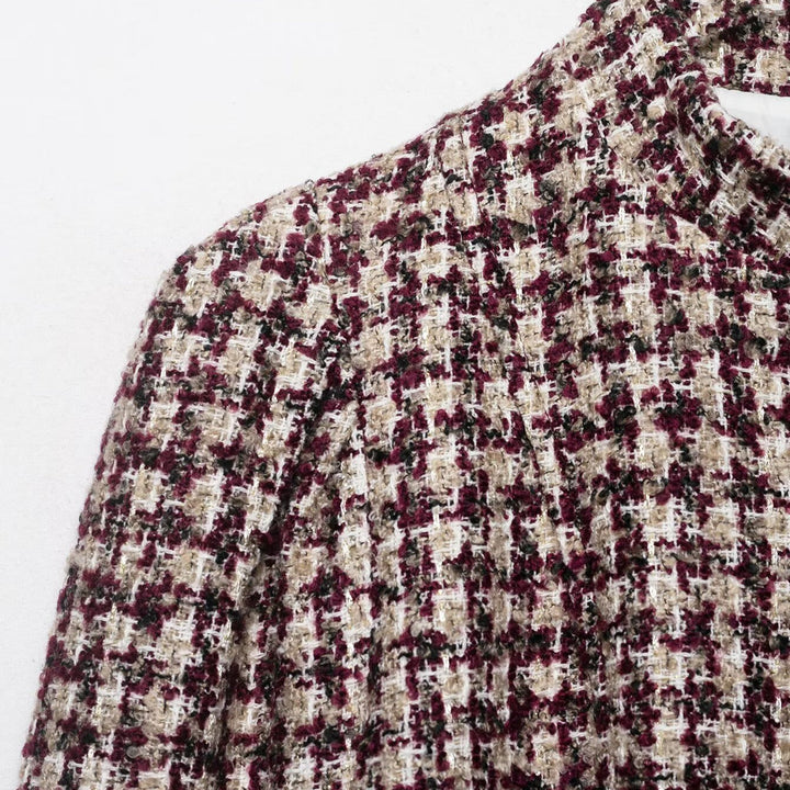 Dam Kort Bouclé Tweedjacka med Stå Krage och Faux Fur Muddar