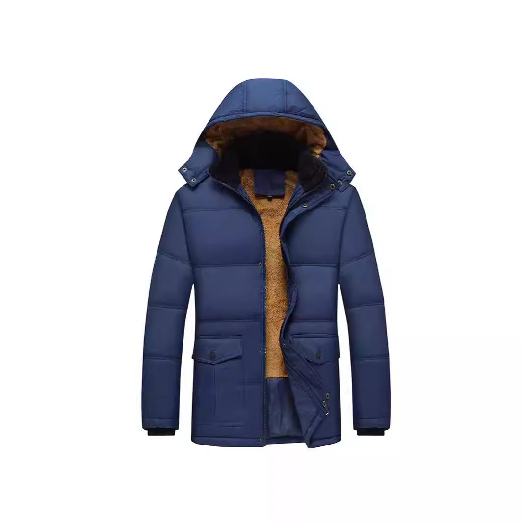 Herr Long Termisk Insulated Quiltad Parka med Teddyfoder, Huva, och Lock Fickor